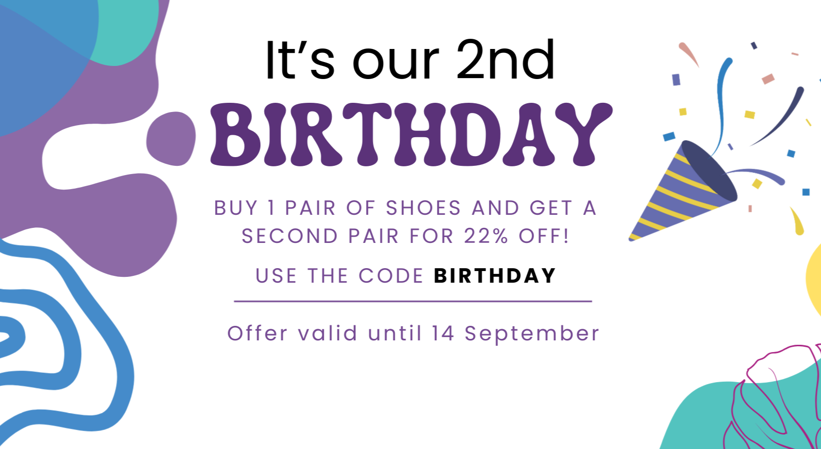 Promotional banner celebrating a 2nd birthday with shoe sale offer text.